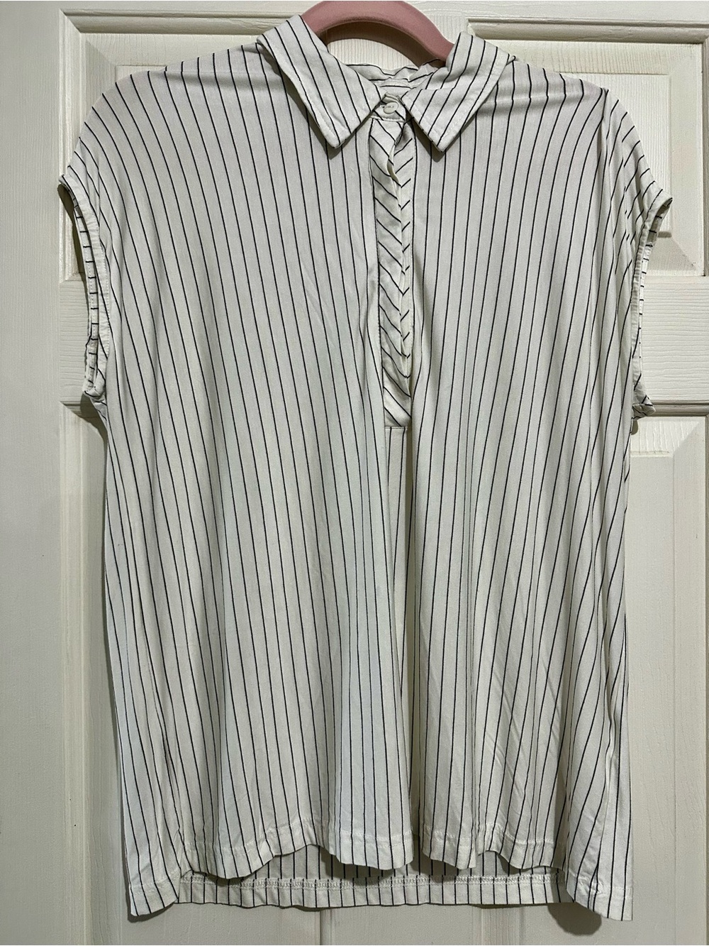 Sleeveless Pinstripe Collared Blouse - White with Black Stripes